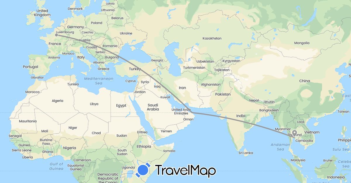 TravelMap itinerary: plane in France, Oman, Thailand (Asia, Europe)